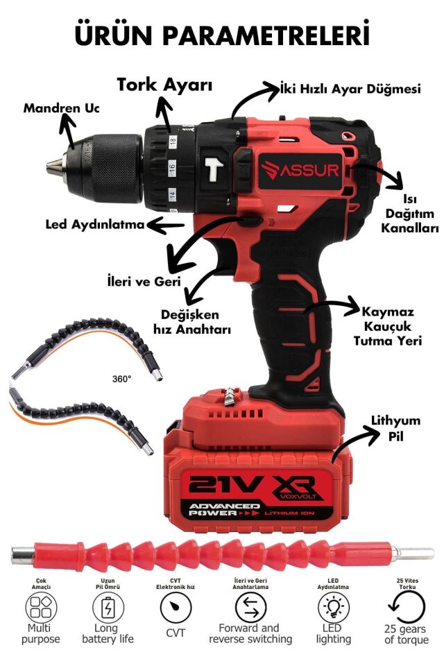 Assur 21V Çift Akülü Vidalama Darbeli Matkap