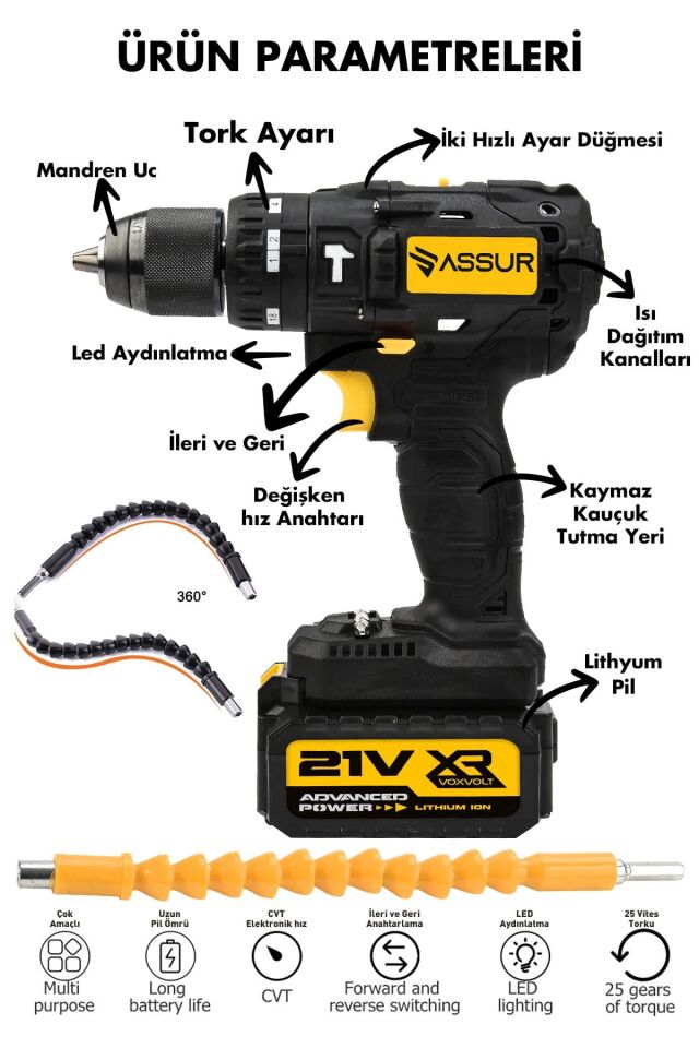 Assur 21V Çift Akülü Vidalama Darbeli Matkap