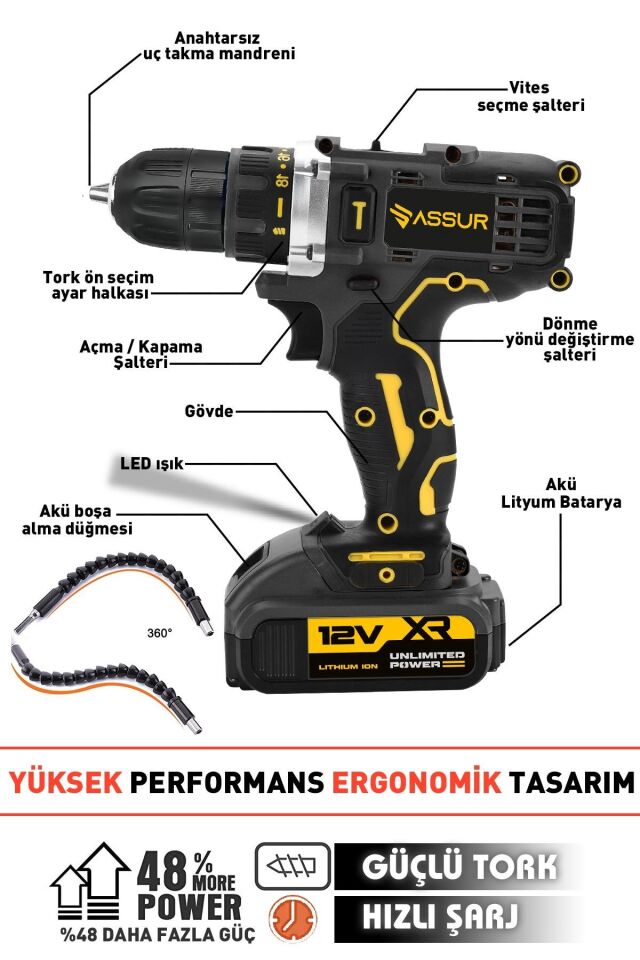Assur 12V Çift Akü Metal Şanzıman Şarjlı Matkap Akülü Vidalama