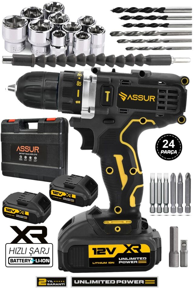 Assur 12V Çift Akü Metal Şanzıman Şarjlı Matkap Akülü Vidalama
