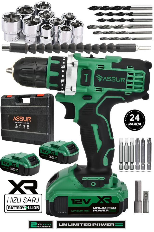Assur 12V Çift Akü Metal Şanzıman Şarjlı Matkap Akülü Vidalama