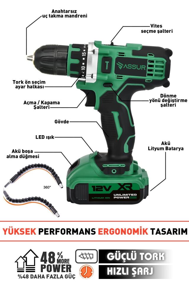 Assur 12V Çift Akü Metal Şanzıman Şarjlı Matkap Akülü Vidalama