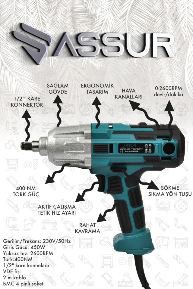 Assur Elektrikli Somun Sıkma Sökme Makinesi 450W