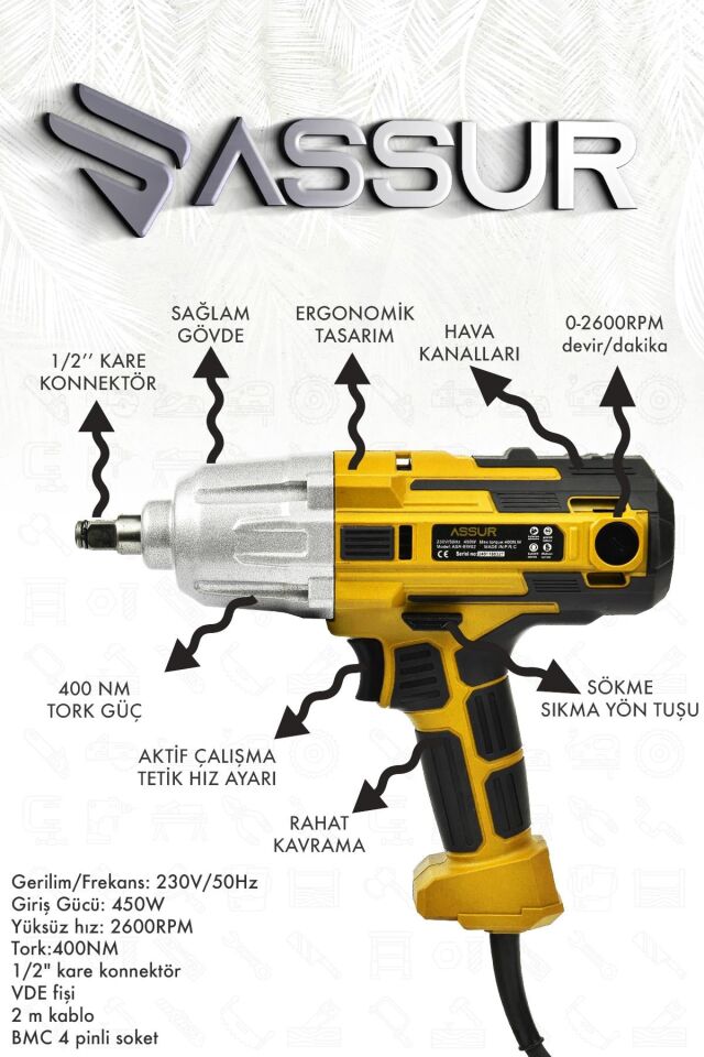 Assur Elektrikli Somun Sıkma Sökme Makinesi 450 W