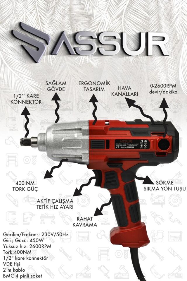 Assur Elektrikli Somun Sıkma Sökme Makinesi 450 W
