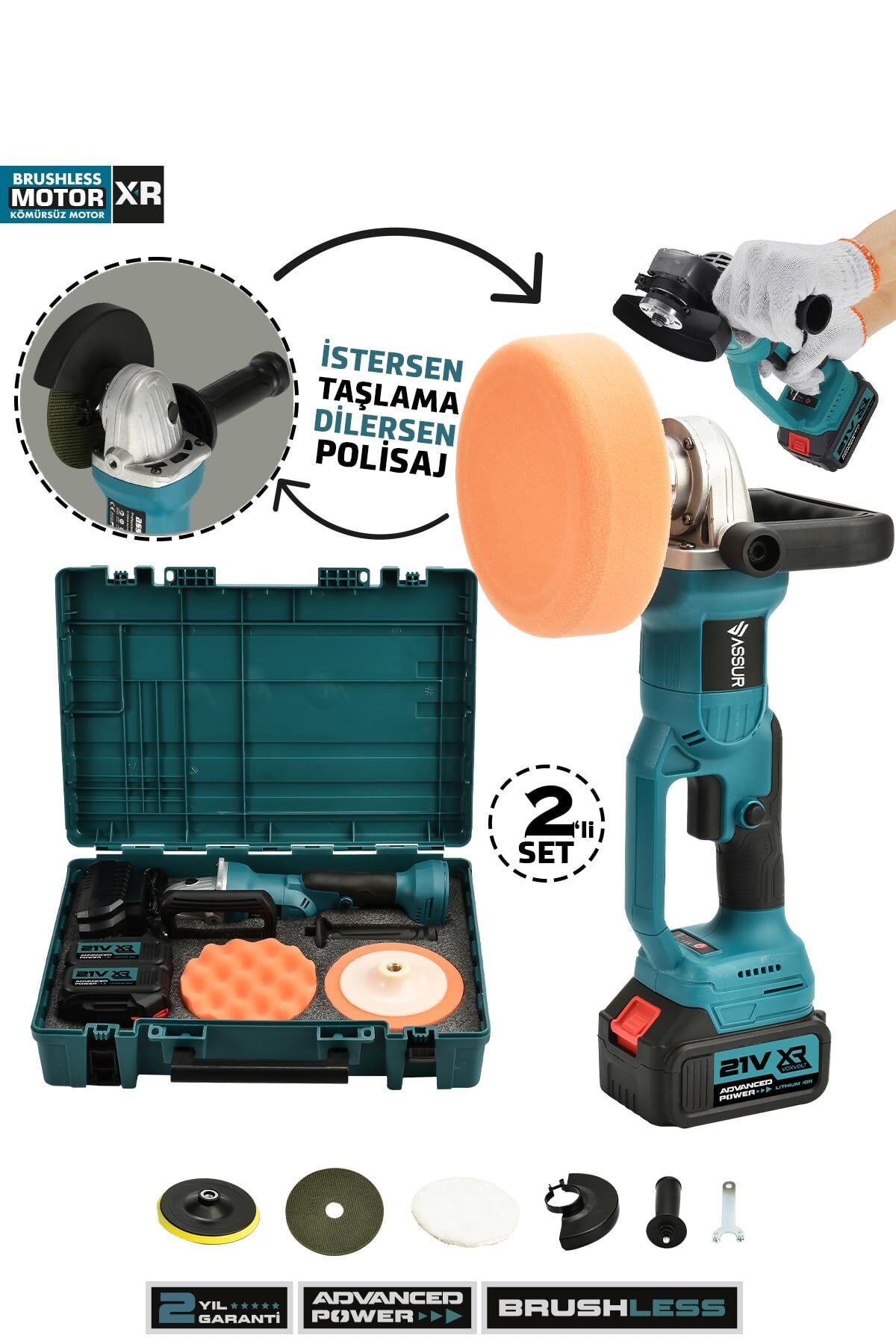 Assur Profesyonel 21V Çift Akü 125 Mm Taşlama & 150 Mm Polisaj Makinesi Set