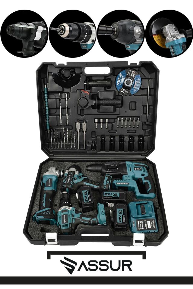Assur Profesyonel 21V 4'lü Set Taşlama Matkap Somun Sökme Kırıcı Delici Hilti