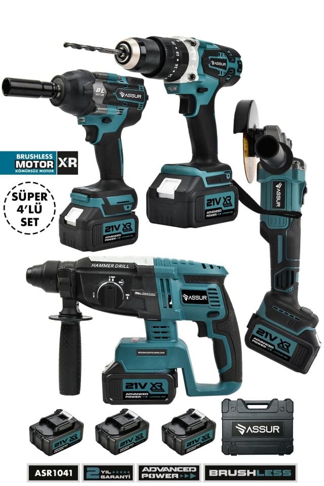 Assur Profesyonel 21V 4'lü Set Taşlama Matkap Somun Sökme Kırıcı Delici Hilti