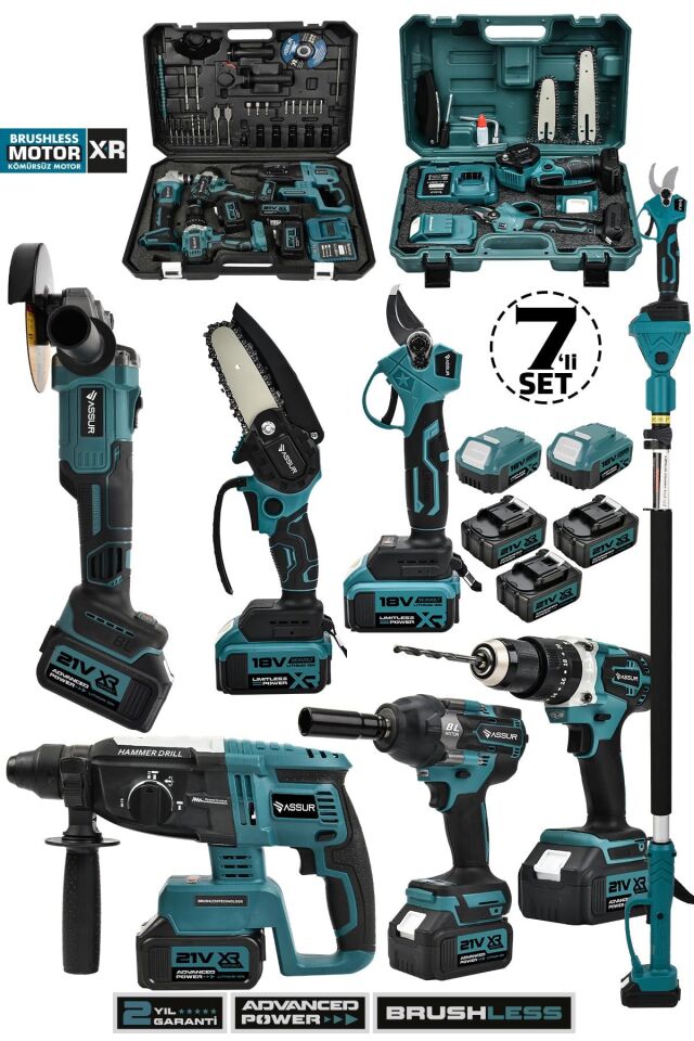 Assur 21V Matkap Taşlama Kırıcı Delici Hilti Somun Sökme & Teleskopik Kol Testere Bağ Makası 7'Li Set