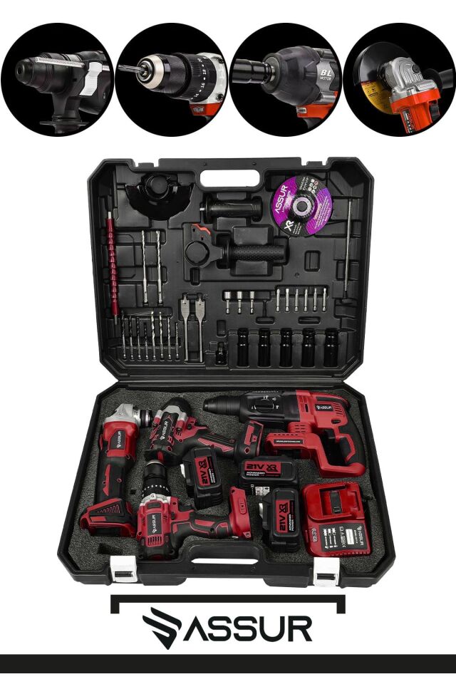 Assur Profesyonel 21V Akülü Vidalama Kırıcı Delici Hilti Somun Sökme Sıkma Taşlama 4'lü Set