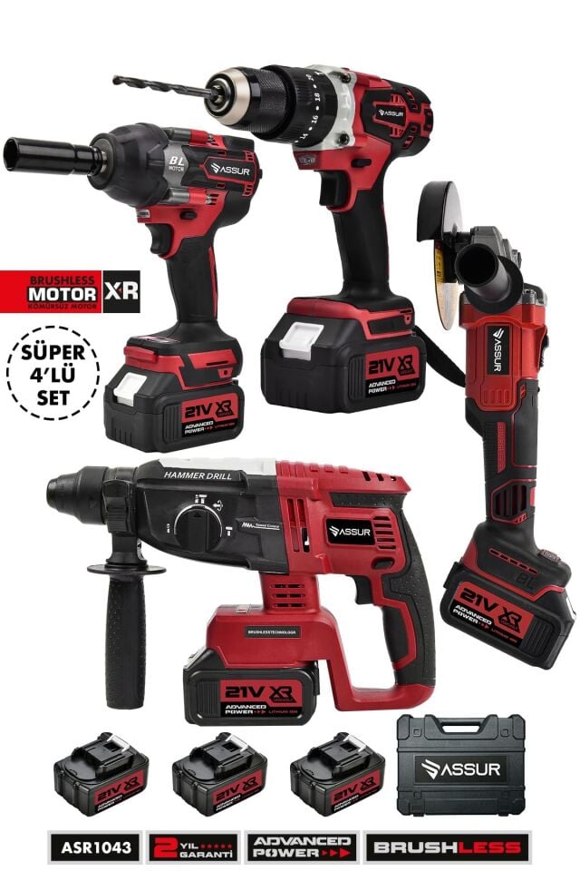 Assur Profesyonel 21V Akülü Vidalama Kırıcı Delici Hilti Somun Sökme Sıkma Taşlama 4'lü Set