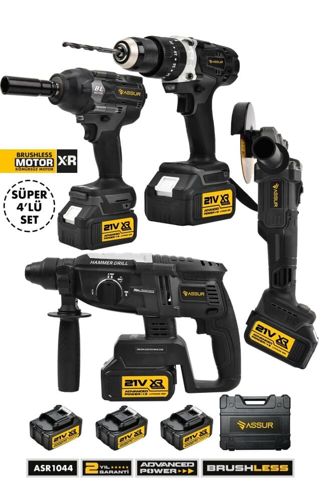 Assur Profesyonel 21V Somun Sökme Sıkma Akülü Vidalama Kırıcı Delici Hilti Taşlama 4'lü Set