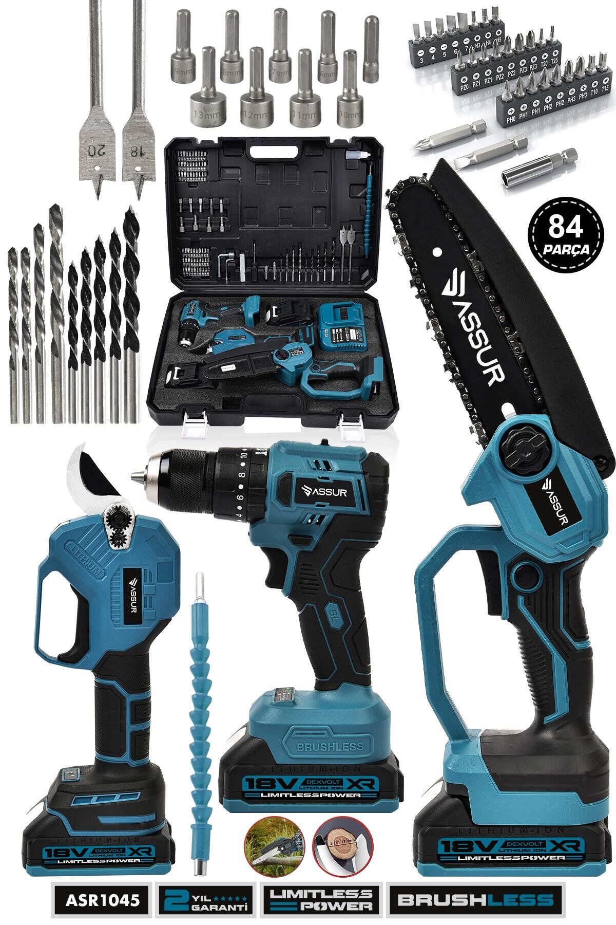 Assur Profesyonel 18V Çift Akülü Budama Makası Budama Testeresi Vidalama Matkap 3'lü Set