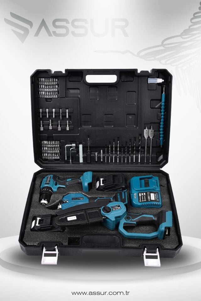 Assur Profesyonel 18V Çift Akülü Budama Makası Budama Testeresi Vidalama Matkap 3'lü Set