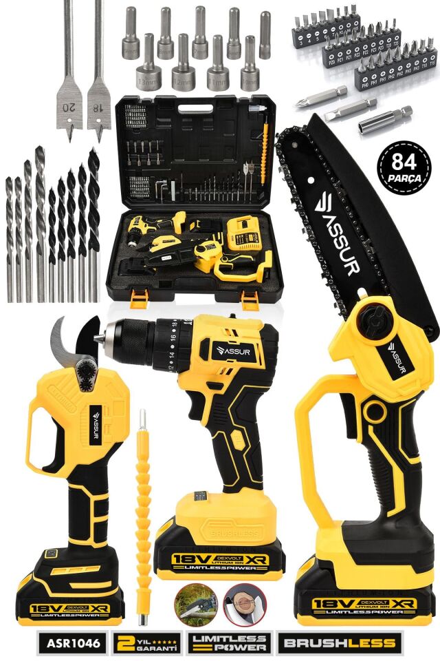 Assur Profesyonel 18V Çift Akülü Vidalama Matkap Budama Makası Budama Testeresi 3'lü Set