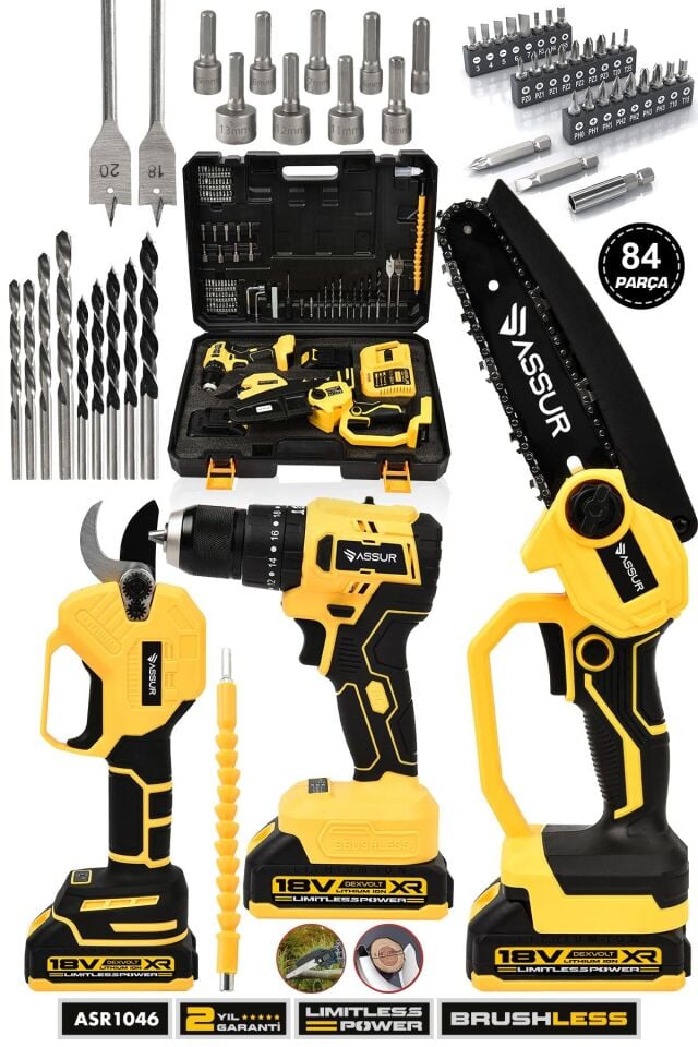 Assur Profesyonel 18V Çift Akülü Vidalama Matkap Budama Makası Budama Testeresi 3'lü Set