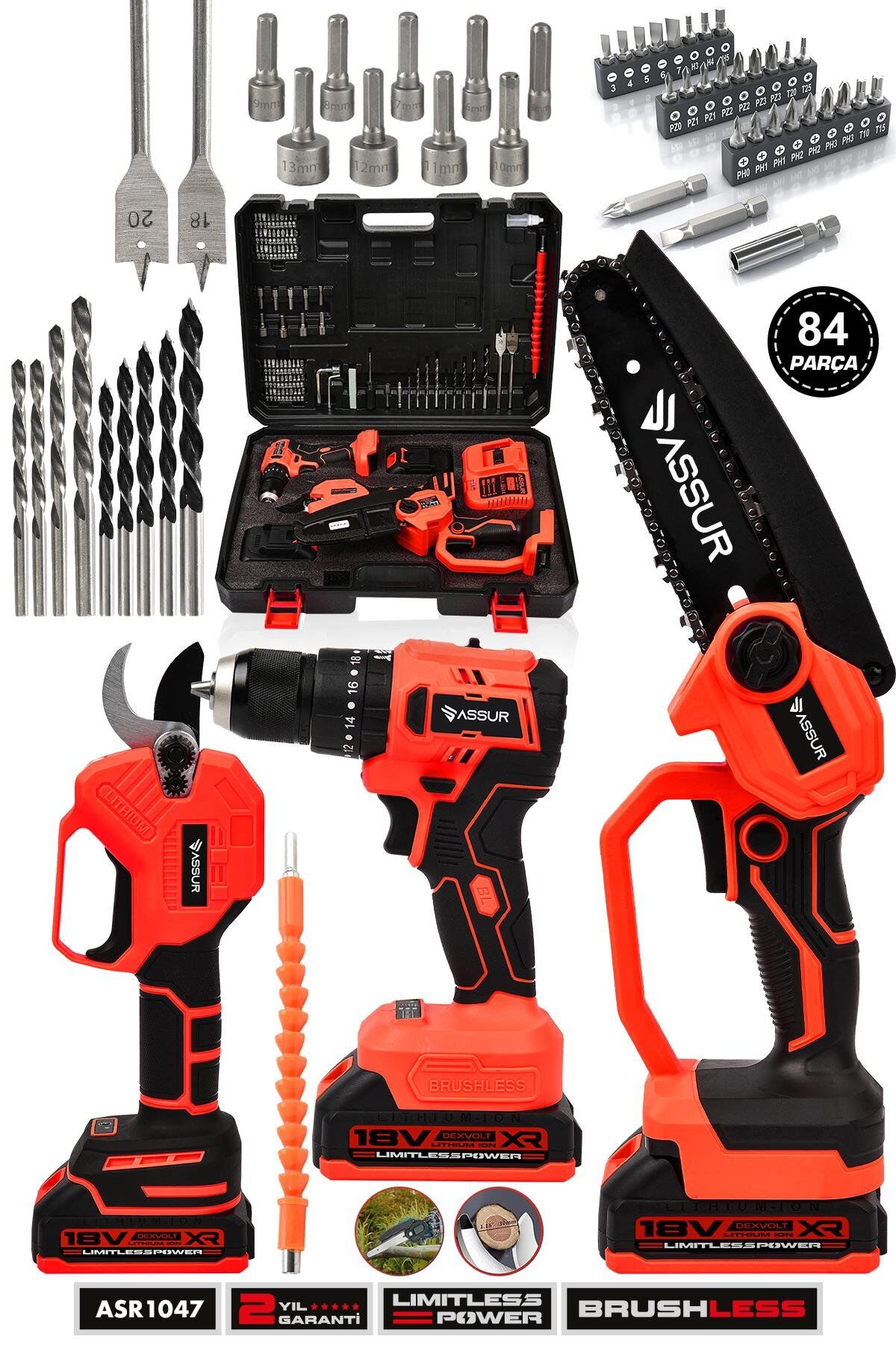 Assur Profesyonel 18V Çift Akülü Budama Makası Budama Testeresi Matkap Vidalama 3'lü Set