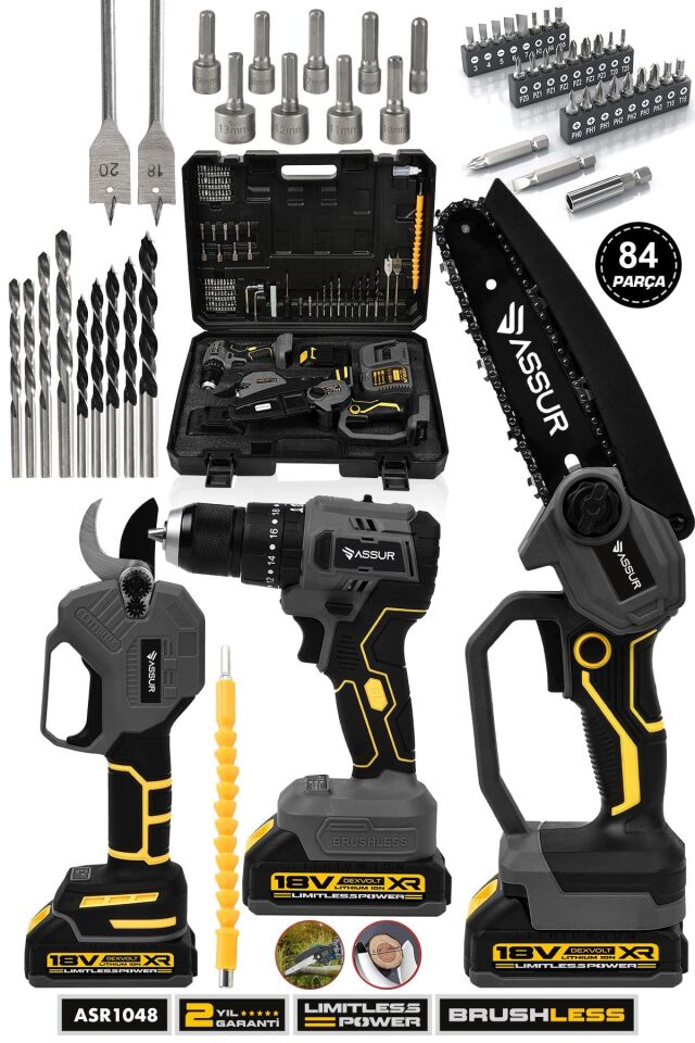 Assur Profesyonel 18V Çift Akülü Vidalama Matkap Budama Makası Budama Testeresi 3'lü Set