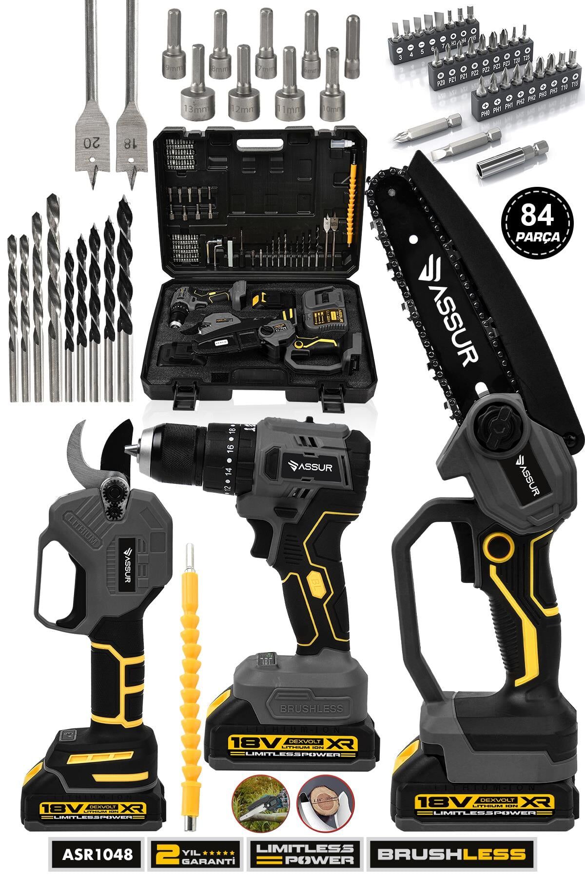 Assur Profesyonel 18V Çift Akülü Budama Makası Budama Testeresi Matkap Vidalama 3'lü Set