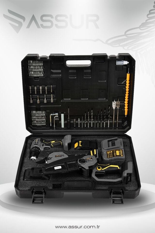 Assur Profesyonel 18V Çift Akülü Budama Makası Budama Testeresi Matkap Vidalama 3'lü Set