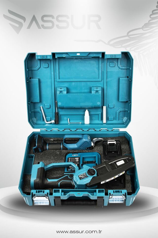 Assur Profesyonel 2'li Set 18V Çift Akülü Bağ Makası ve Budama Testeresi Makinesi
