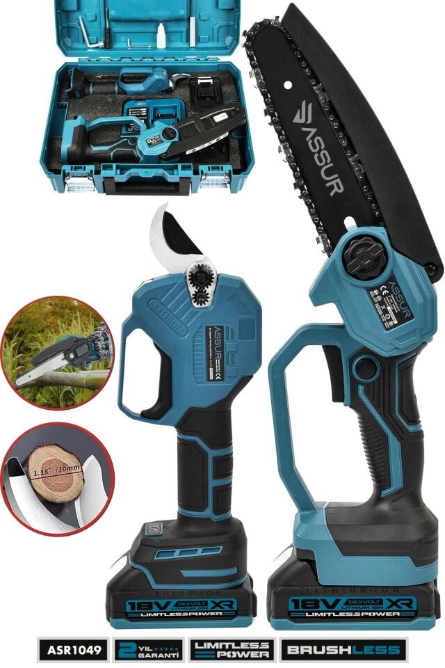 Assur Profesyonel 2'li Set 18V Çift Akülü Bağ Makası ve Budama Testeresi Makinesi