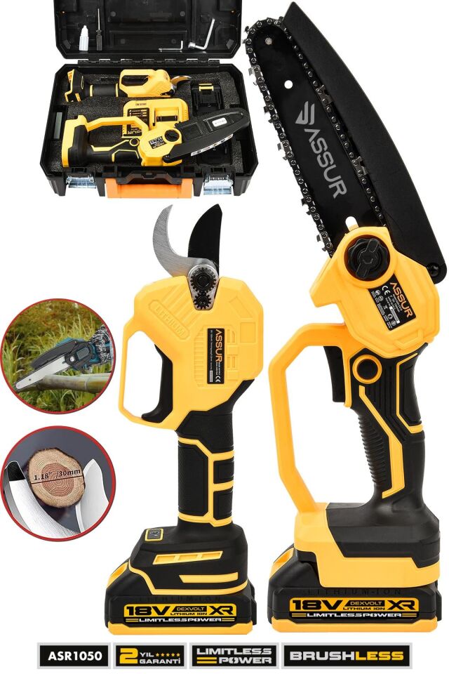 Assur Profesyonel 2'li Set 18V Çift Akülü Bağ Makası ve Budama Testeresi Makinesi