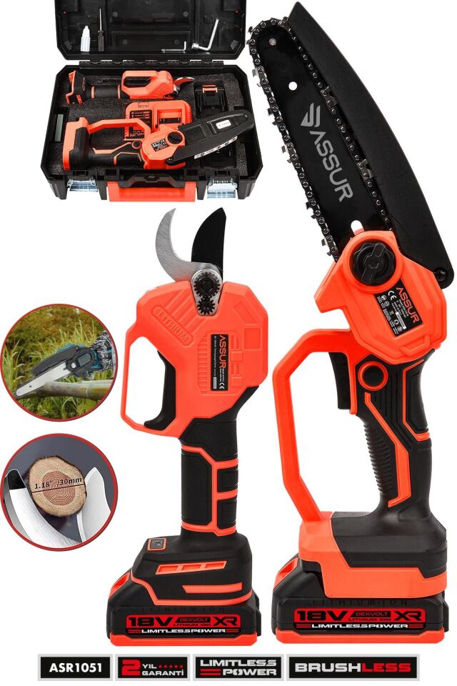 Assur Profesyonel 2'li Set 18V Çift Akülü Budama Testeresi ve Budama Testeresi Makinesi