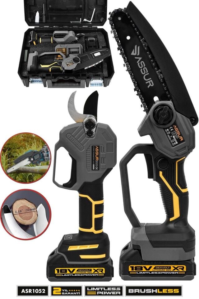 Assur Profesyonel 2'li Set 18V Çift Akülü Budama Testeresi ve Budama Makası Makinesi