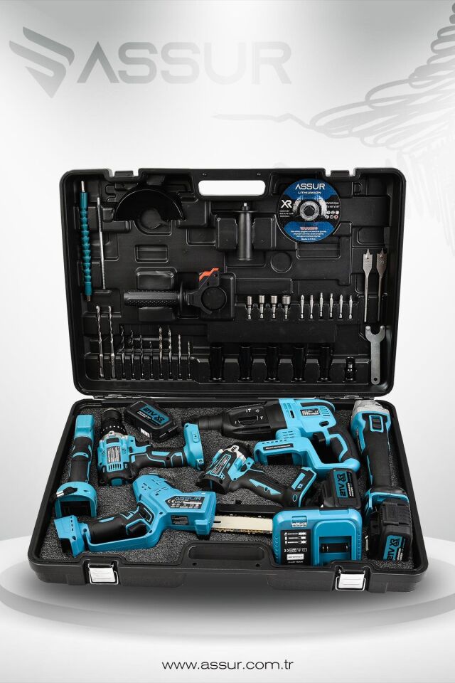 Assur Profesyonel 21V Akülü Vidalama Dal Budama Somun Sökme Taşlama Testere Kırıcı Delici Hilti 6'lı Set