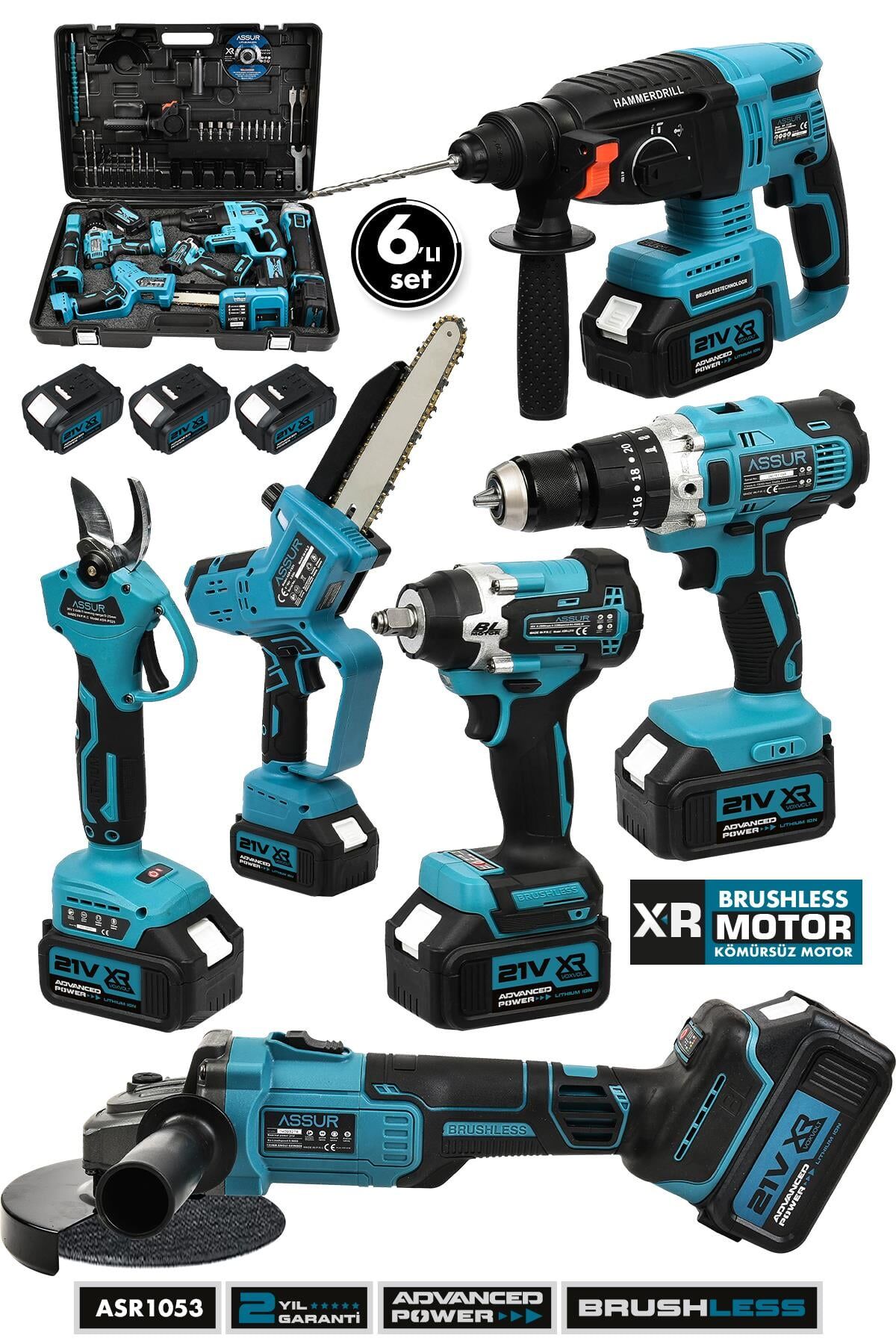 Assur Profesyonel 21V Akülü Vidalama Dal Budama Somun Sökme Taşlama Testere Kırıcı Delici Hilti 6'lı Set