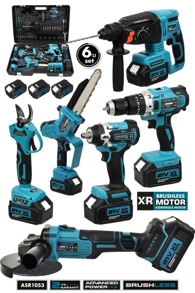 Assur Profesyonel 21V Akülü Vidalama Dal Budama Somun Sökme Taşlama Testere Kırıcı Delici Hilti 6'lı Set