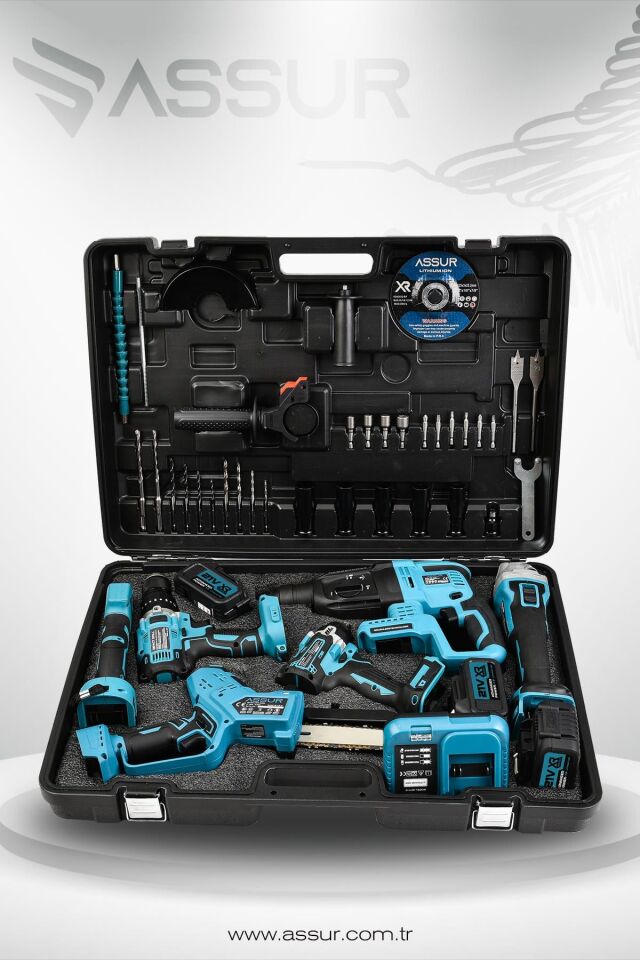 Assur Profesyonel 21V Akülü Kırıcı Delici Hilti Vidalama Somun Sökme Taşlama Dal Budama Testere 6'lı Set
