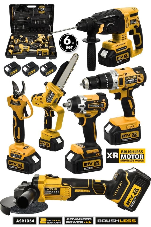 Assur Profesyonel 21V Akülü Dal Budama Somun Sökme Taşlama Testere Kırıcı Delici Hilti Vidalama 6'lı Set