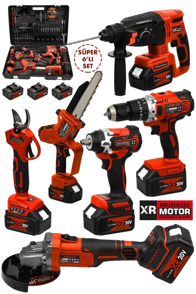 Assur Profesyonel 21V Akülü Somun Sökme Vidalama Taşlama Dal Budama Testere Kırıcı Delici Hilti 6'lı Set