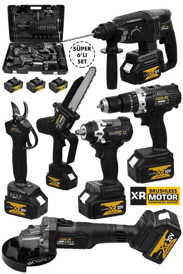 Assur Profesyonel 21V Akülü Dal Budama Testere Somun Sökme Taşlama Kırıcı Delici Hilti Vidalama 6'lı Set