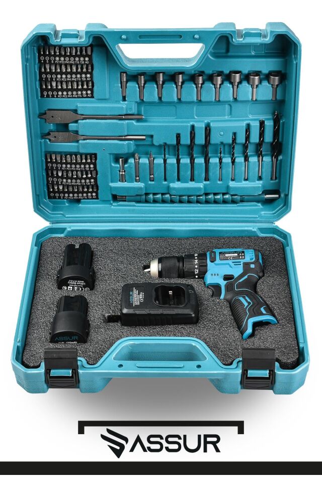 Assur 12V 13mm Çelik Mandrenli Şarjlı Matkap Akülü Vidalama 84 Parça