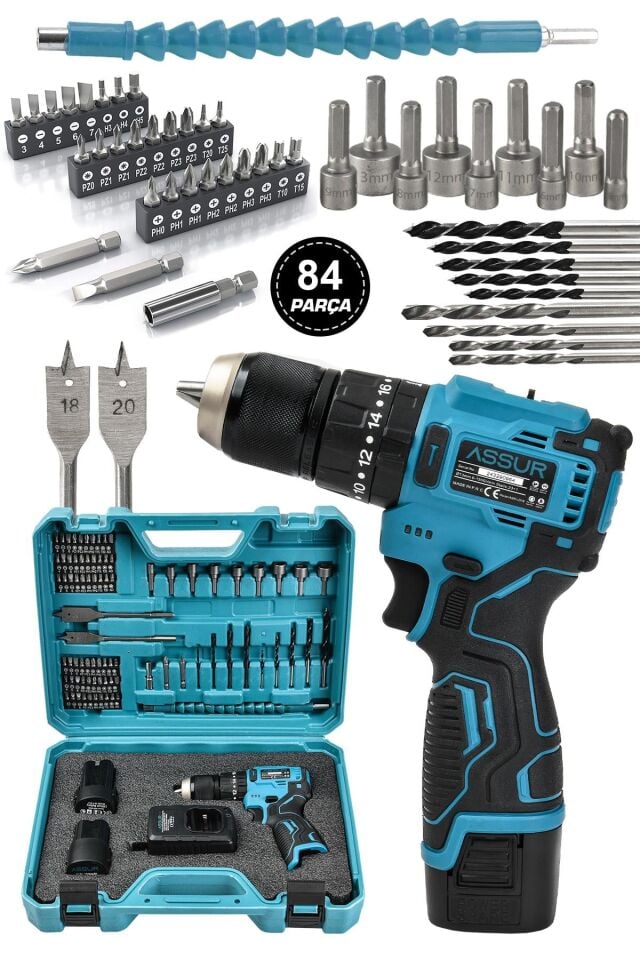 Assur 12V 13mm Çelik Mandrenli Şarjlı Matkap Akülü Vidalama 84 Parça