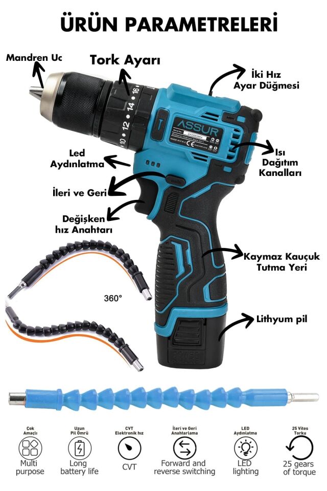 Assur 12V 13mm Çelik Mandrenli Şarjlı Matkap Akülü Vidalama 84 Parça