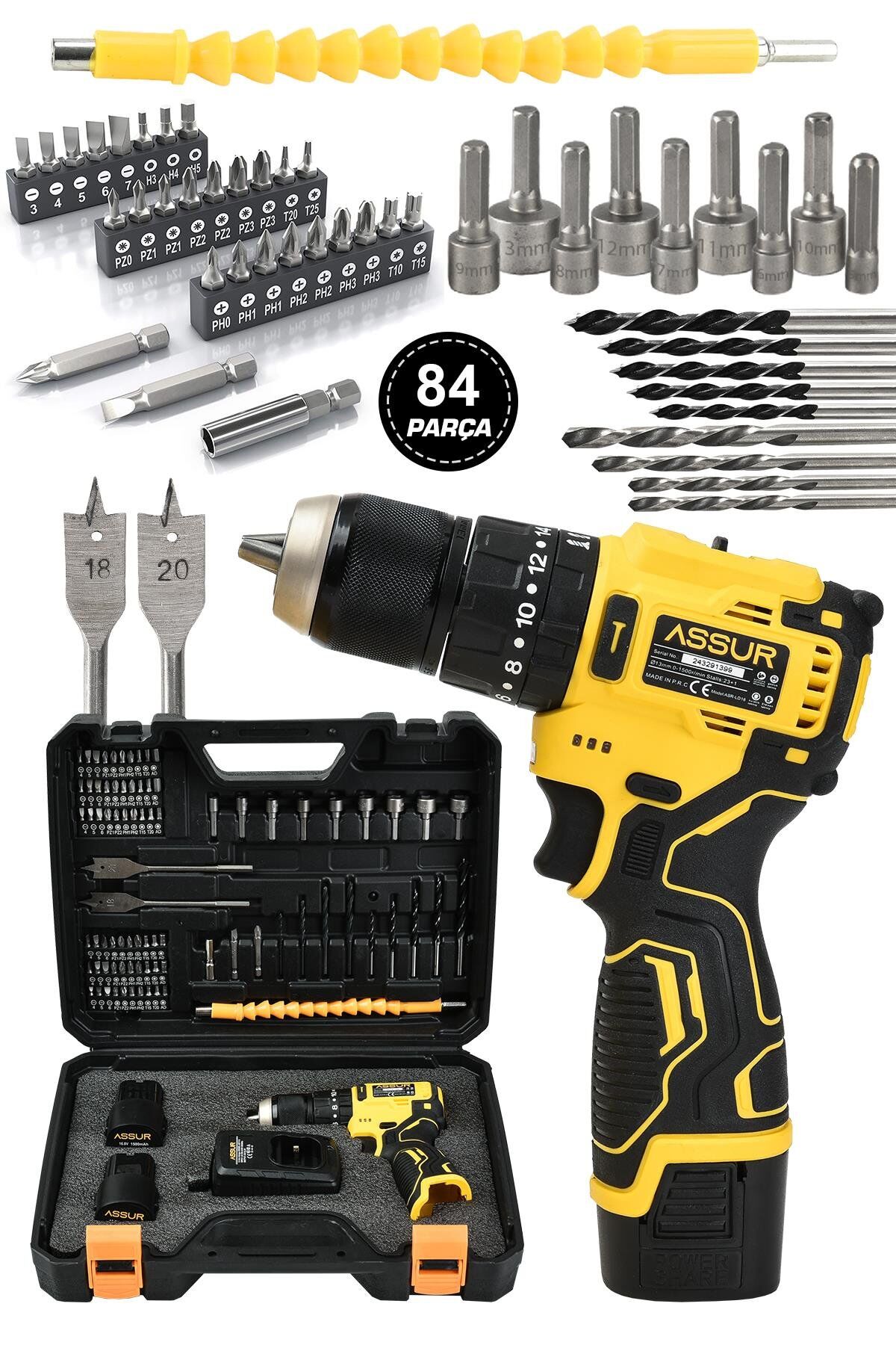 Assur 12V 13mm Çelik Mandrenli Şarjlı Matkap Akülü Vidalama 84 Parça