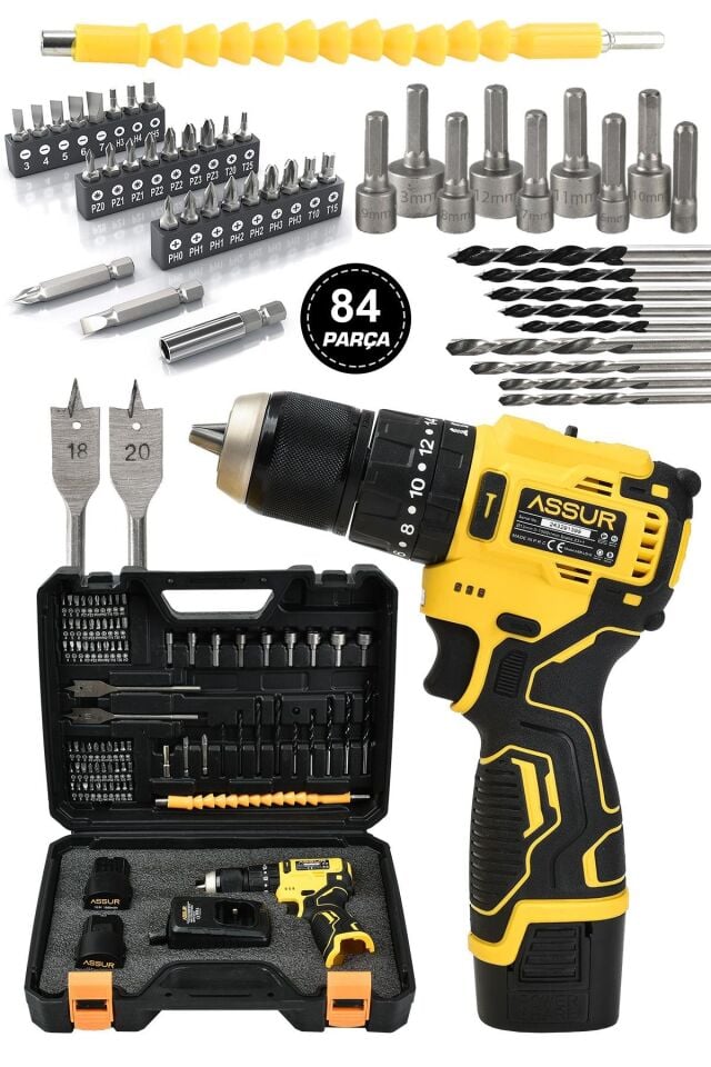 Assur 12V 13mm Çelik Mandrenli Şarjlı Matkap Akülü Vidalama 84 Parça