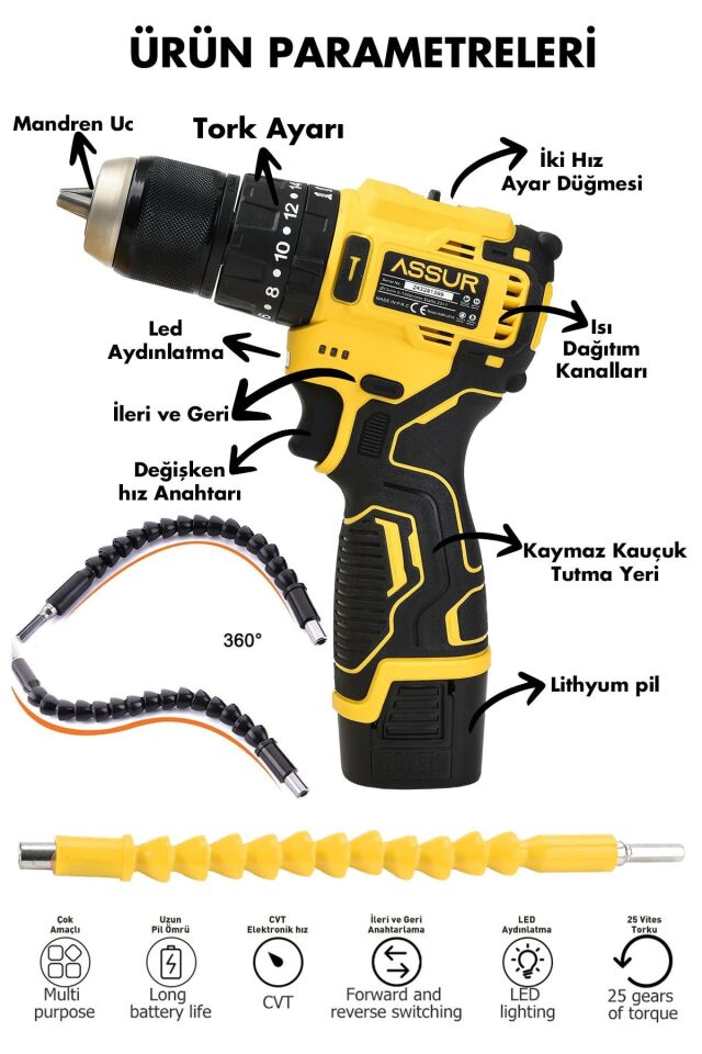 Assur 12V 13mm Çelik Mandrenli Şarjlı Matkap Akülü Vidalama 84 Parça