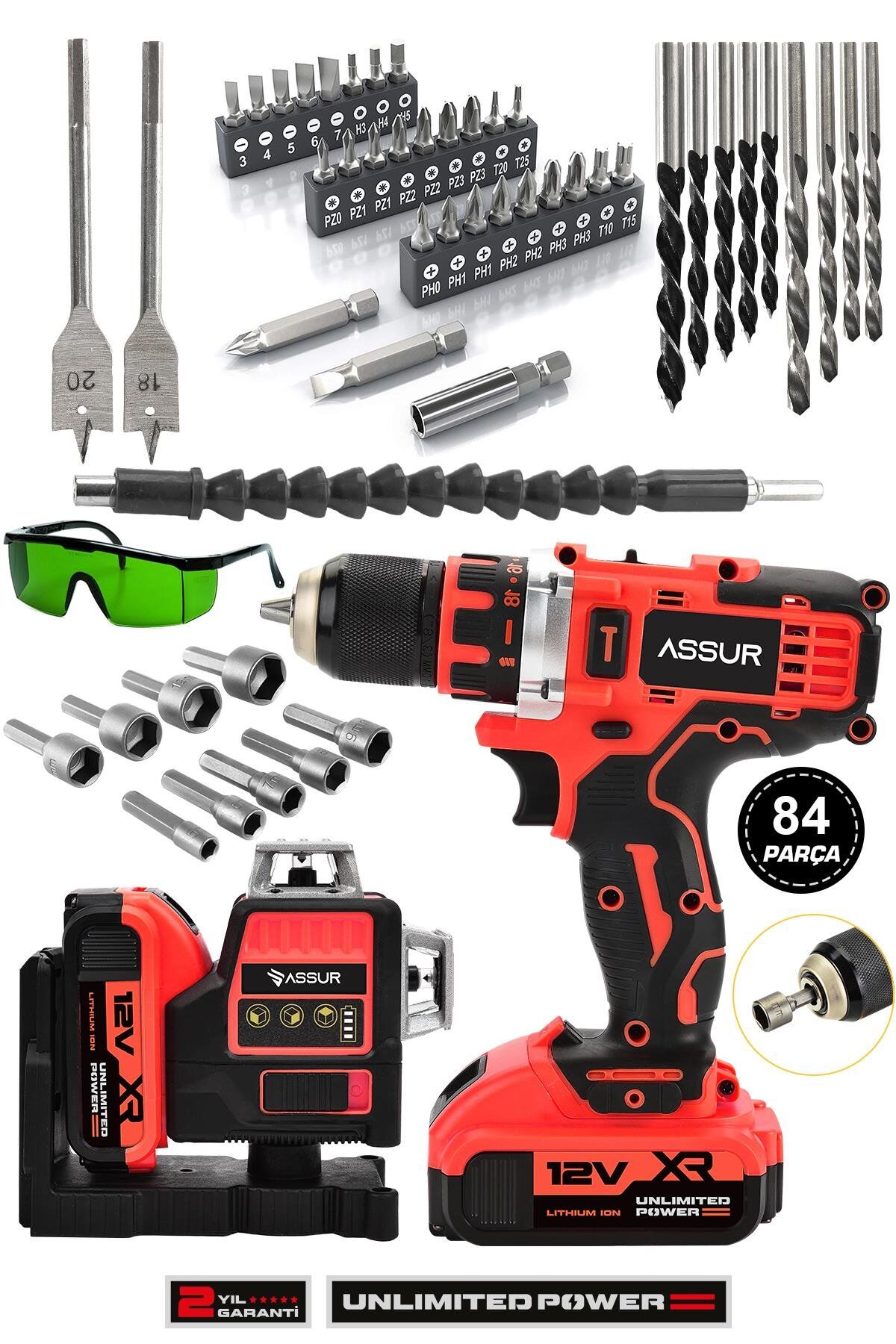 Assur Profesyonel 12V Çift Akülü 12 Köşe 360° Lazer Hizalama & Akülü Vidalama 84 Parça Set