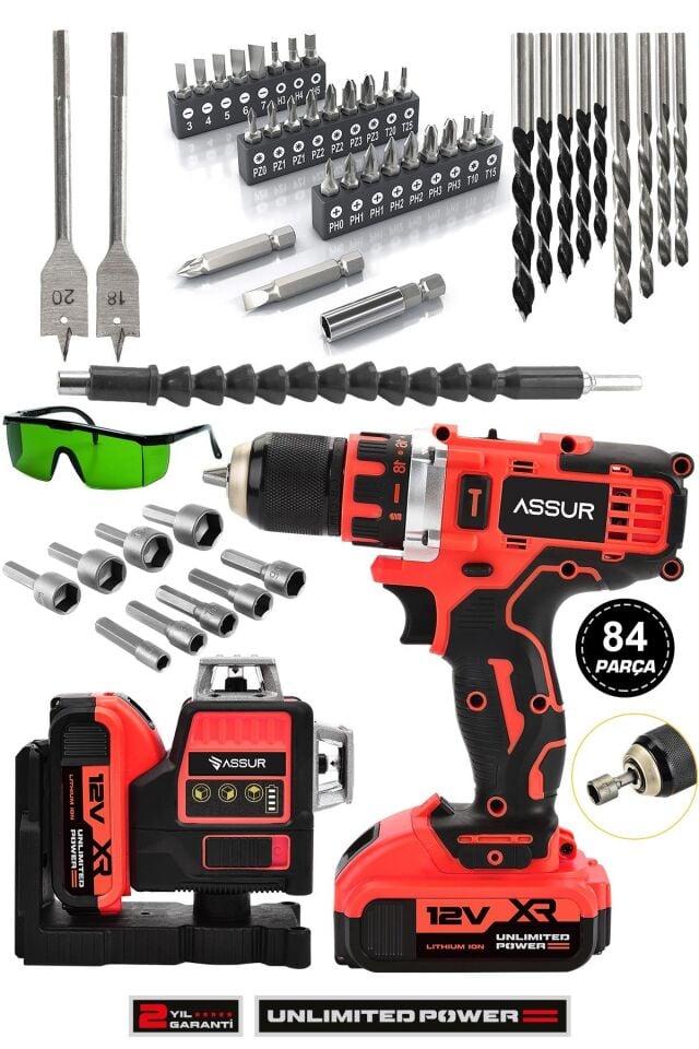 Assur Profesyonel 12V Çift Akülü 12 Köşe 360° Lazer Hizalama & Akülü Vidalama 84 Parça Set