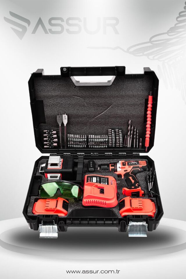 Assur Profesyonel 12V Çift Akülü 12 Köşe 360° Lazer Hizalama & Akülü Vidalama 84 Parça Set