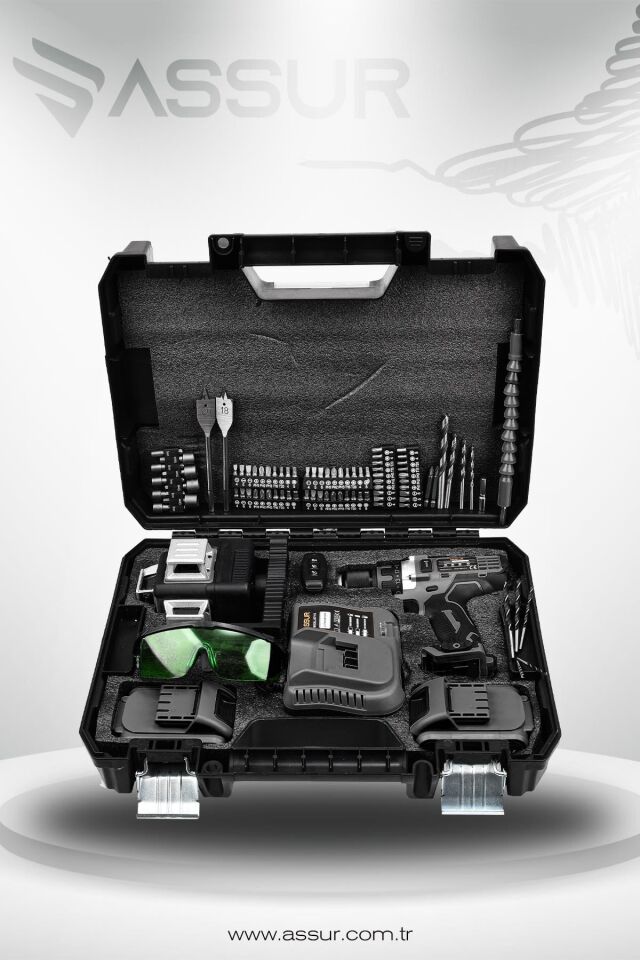 Assur Profesyonel 12V Çift Akülü 12 Köşe 360° Lazer Hizalama & Akülü Vidalama 84 Parça Set