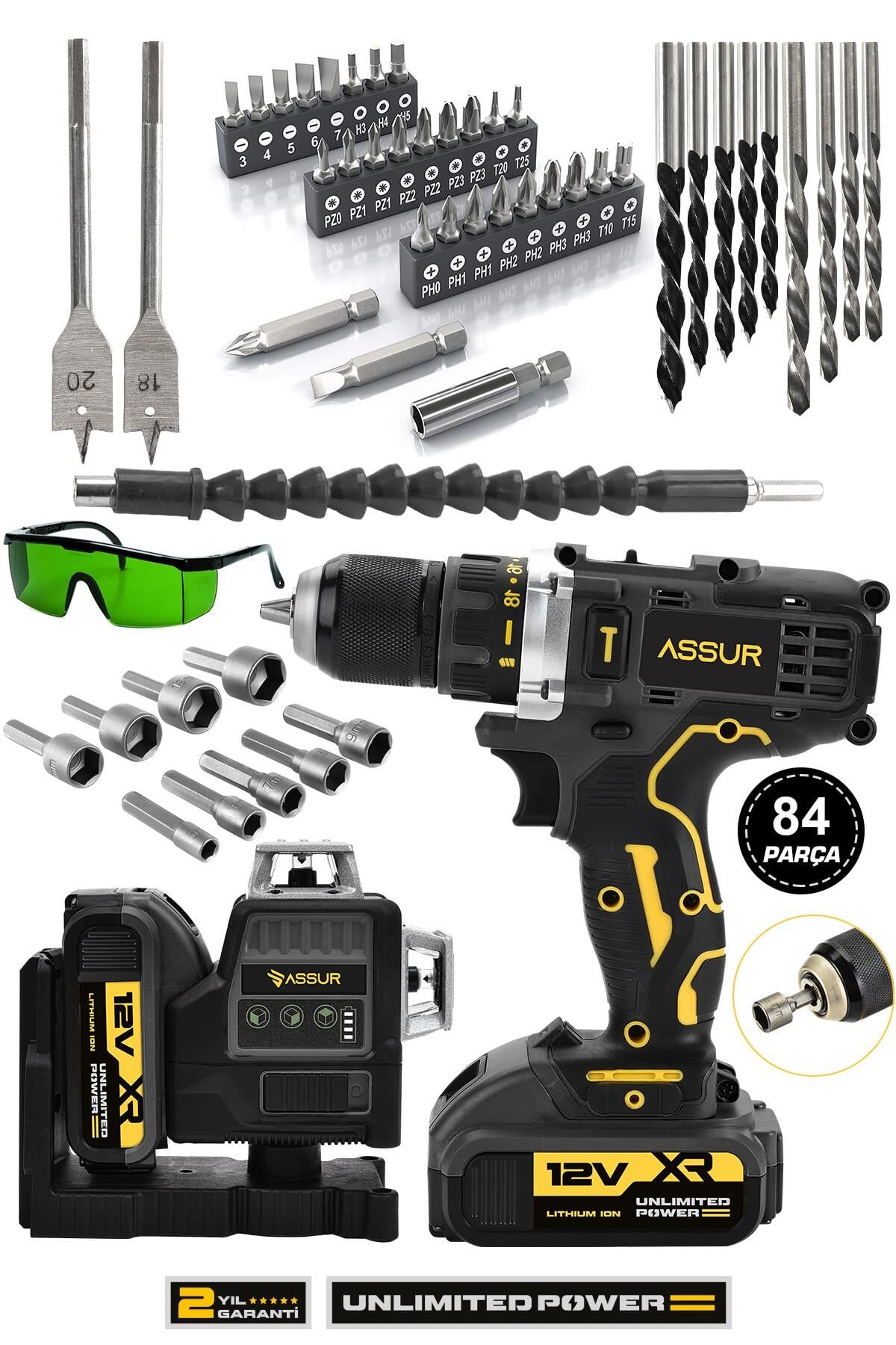 Assur Profesyonel 12V Çift Akülü 12 Köşe 360° Lazer Hizalama & Akülü Vidalama 84 Parça Set