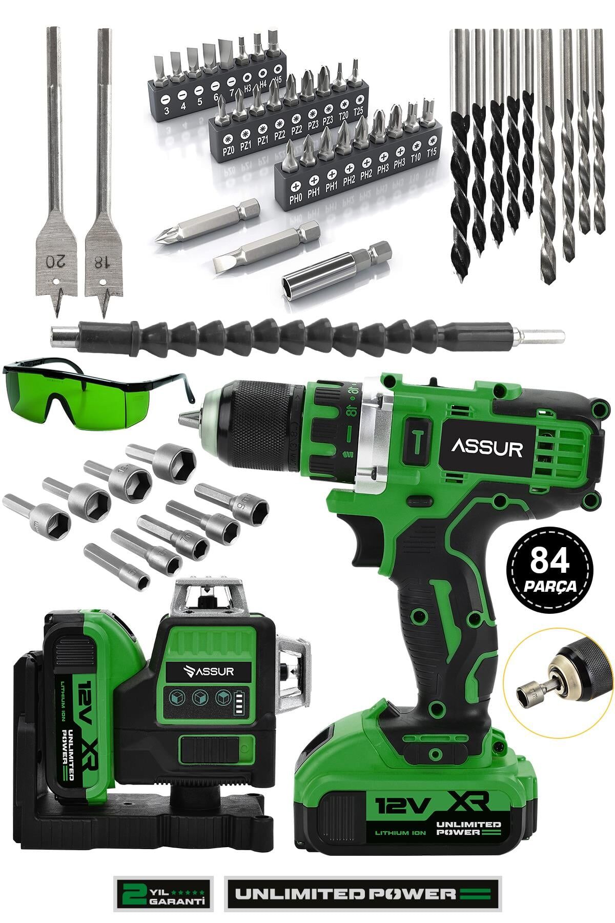 Assur Profesyonel 12V Çift Akülü Vidalama 84 Parça & 12 Köşe 360° Lazer Hizalama Set