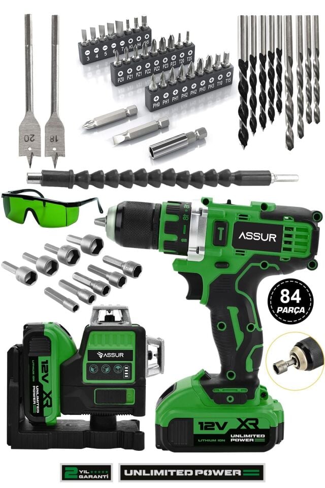 Assur Profesyonel 12V Çift Akülü Vidalama 84 Parça & 12 Köşe 360° Lazer Hizalama Set