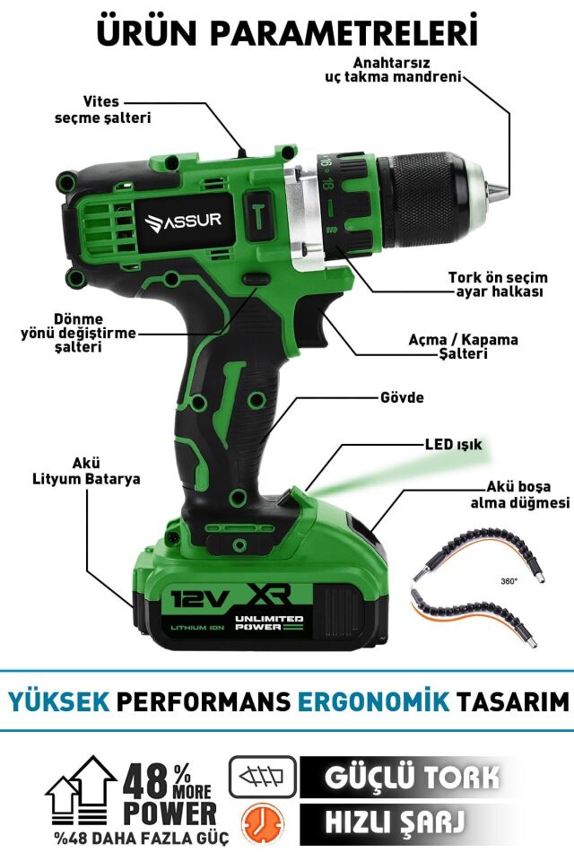 Assur Profesyonel 12V Çift Akülü Vidalama 84 Parça & 12 Köşe 360° Lazer Hizalama Set